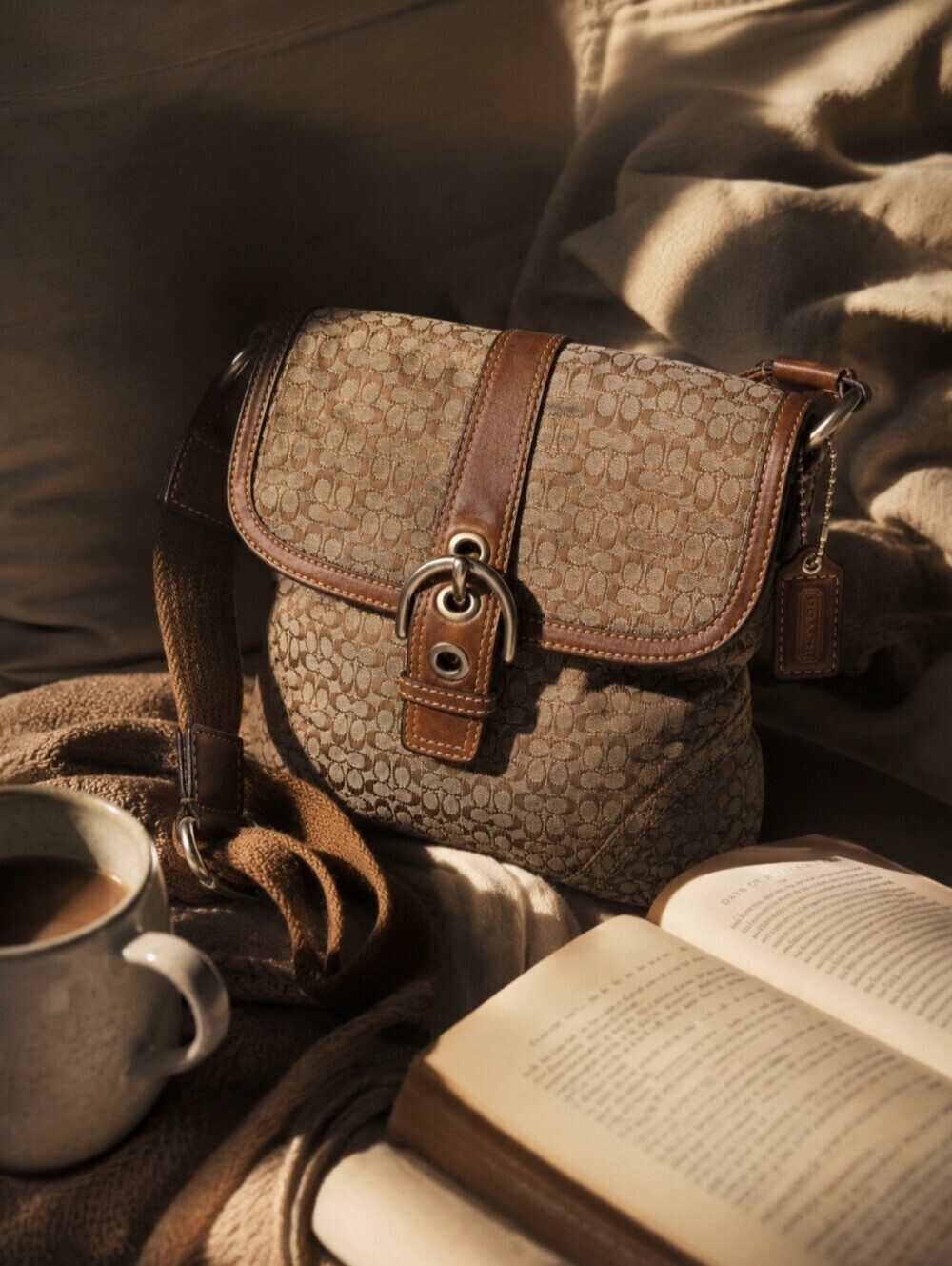Vintage Coach Soho Flap Shoulder Bag Brown Mini Signature Jacquard Canvas Y2K